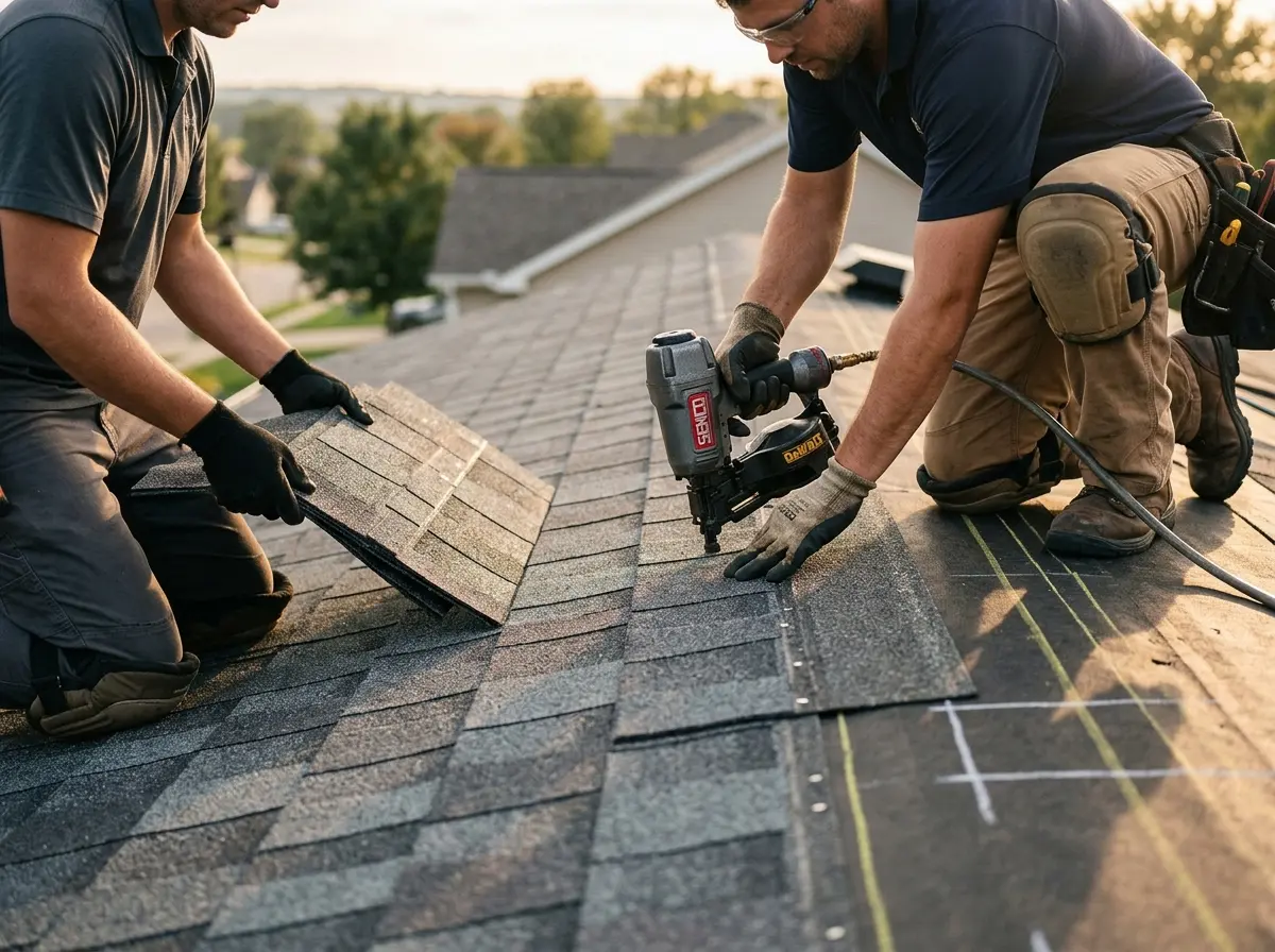 Professional roofer working on a residential roof in Lowes Island